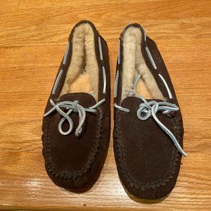 Uggs Brown Leather Suede Moccasins, Wool Lining, Rubber Sole, NEW, Size 9